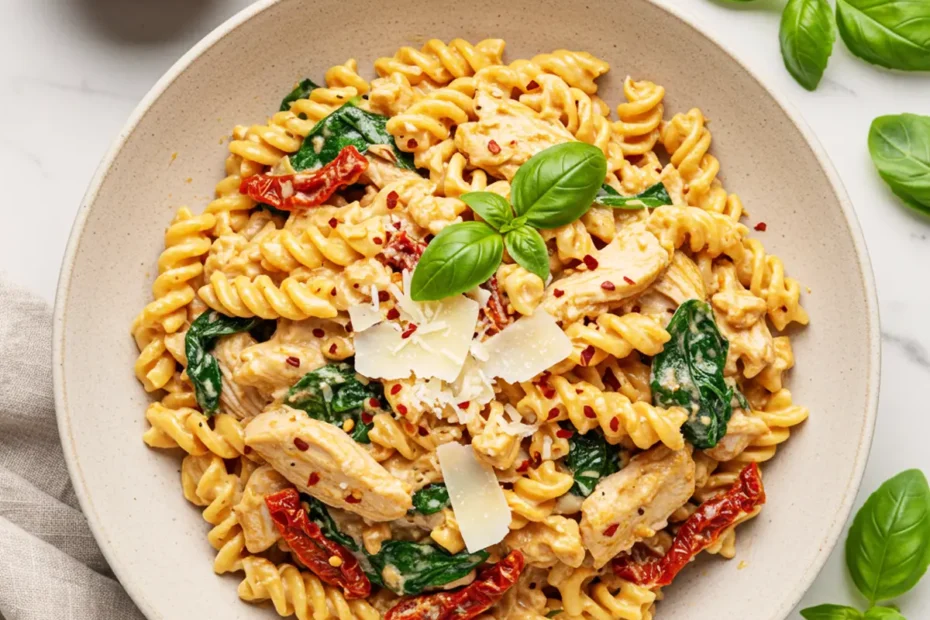 A top-down photo of creamy Marry Me Chicken Pasta with sun-dried tomatoes, spinach, and Parmesan cheese.