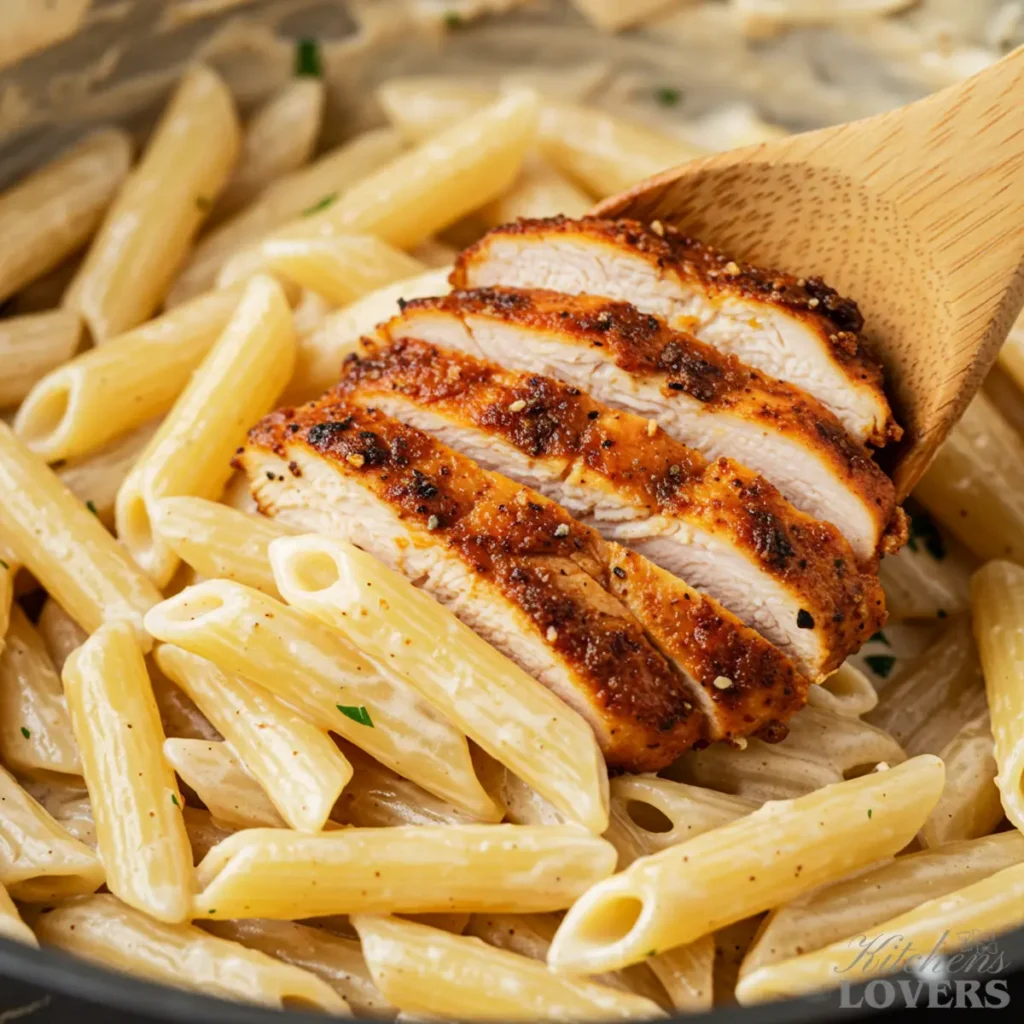 A close-up macro shot of creamy blackened chicken pasta being tossed with a wooden spoon in a pan.