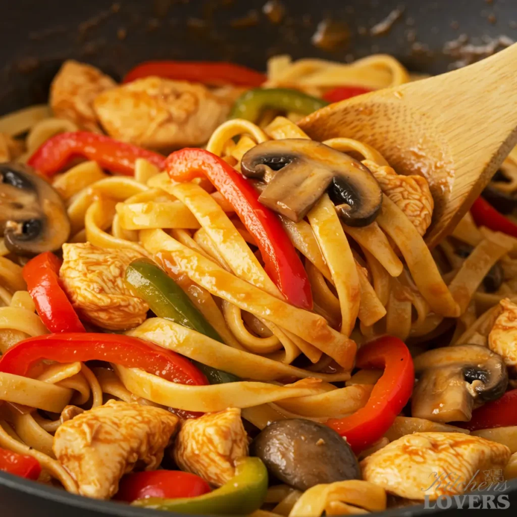 A close-up action shot of rich Chicken Cacciatore sauce being mixed with fettuccine noodles and chicken using a wooden spoon.