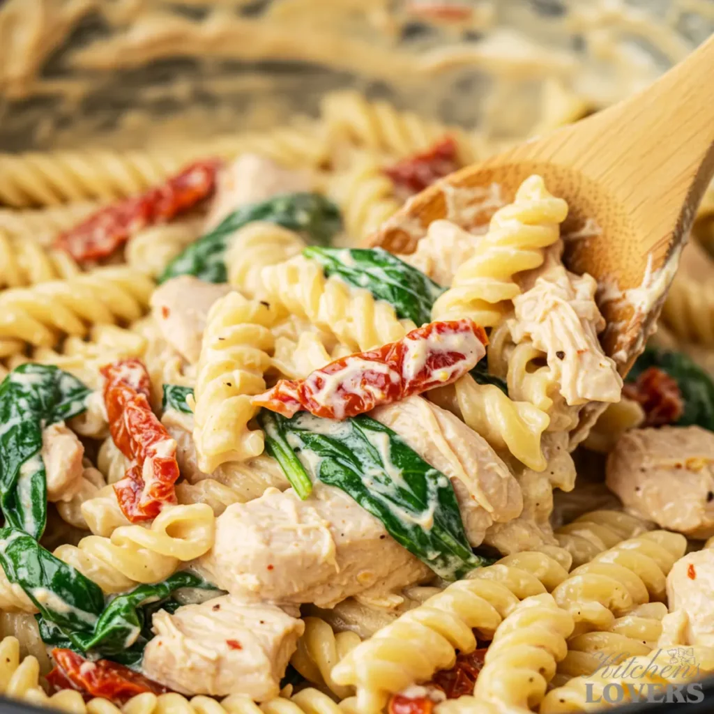A close-up shot of creamy Marry Me Chicken Pasta being stirred with a wooden spoon in a pan.