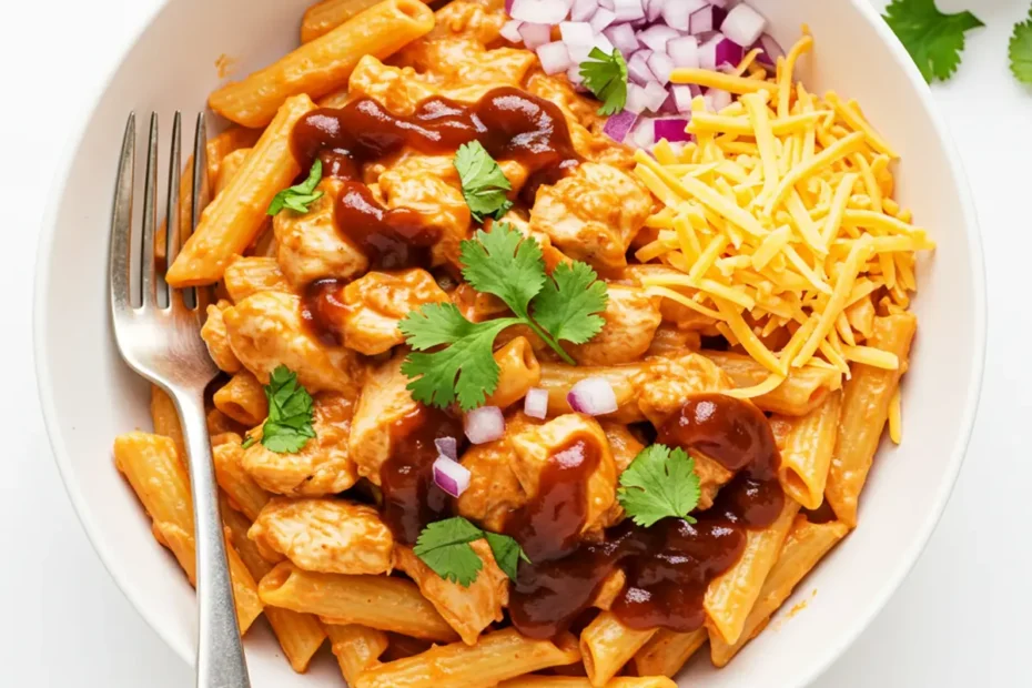 Overhead view of a white bowl of BBQ chicken penne pasta, neatly garnished with a BBQ sauce drizzle, shredded cheddar, diced red onion, and fresh cilantro, on a clean white background.