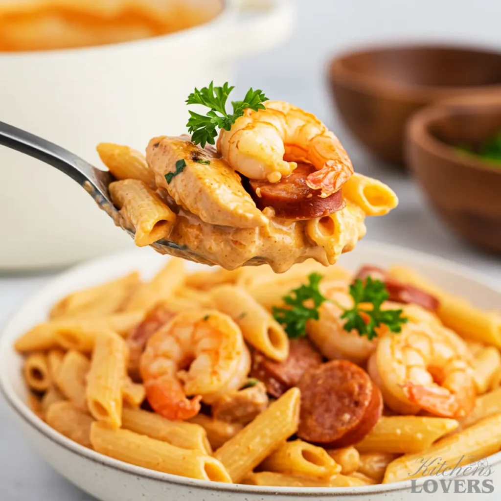 A close-up hero shot of a spoonful of creamy Cajun pasta, holding chicken, shrimp, sausage, and penne.
