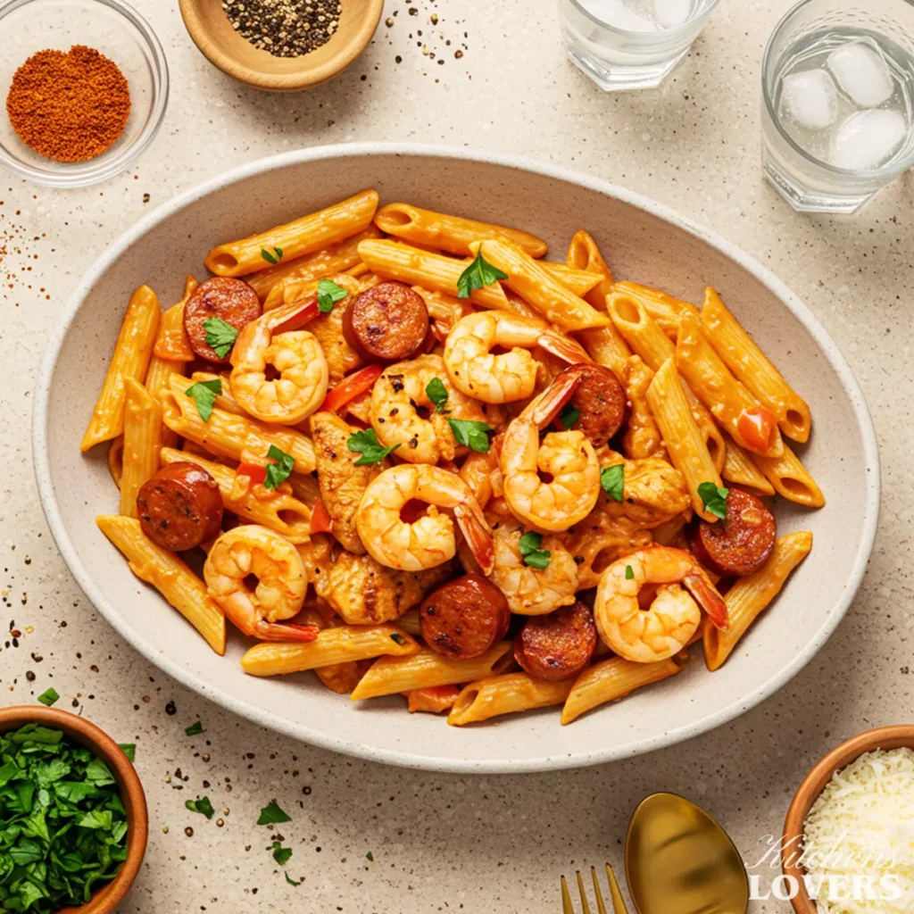 A top-down photo of creamy Cajun chicken pasta with shrimp and sausage, garnished with fresh parsley.