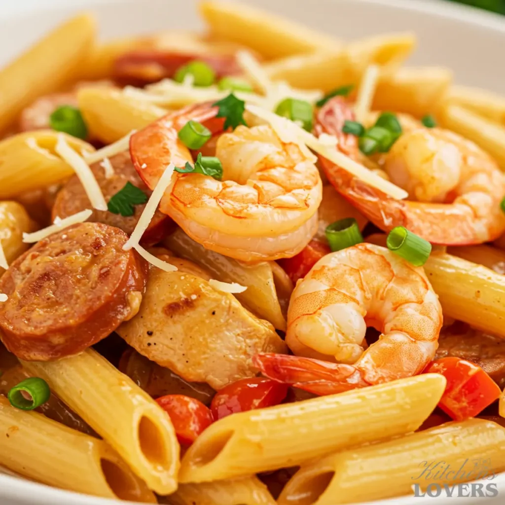 An extreme close-up macro shot of Cajun pasta, showing the creamy texture of the sauce on penne, chicken, and shrimp.