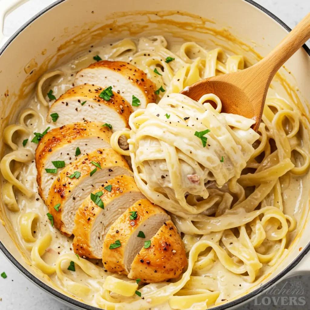 An overhead close-up of chicken alfredo in a white Dutch oven, with a wooden spoon lifting a creamy scoop.