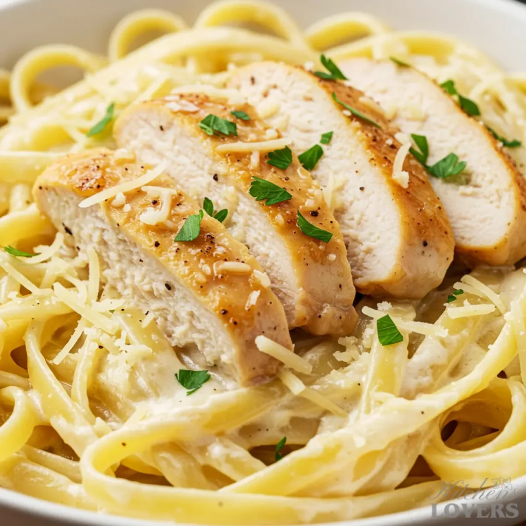 Extreme close-up of chicken alfredo showing the creamy texture of the sauce on fettuccine noodles and tender slices of chicken.