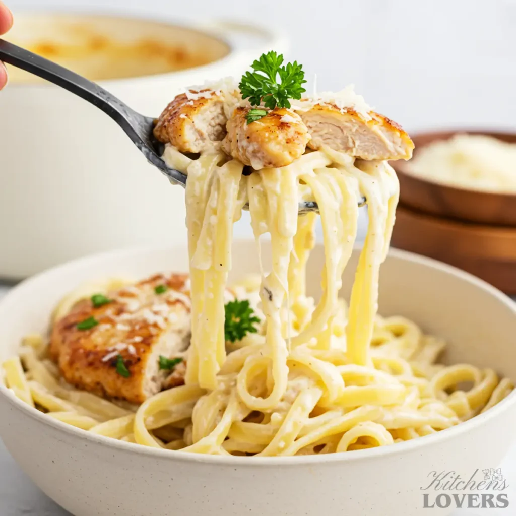 A perfect spoonful of chicken alfredo being held up to the camera, showing creamy pasta and tender chicken in sharp focus.