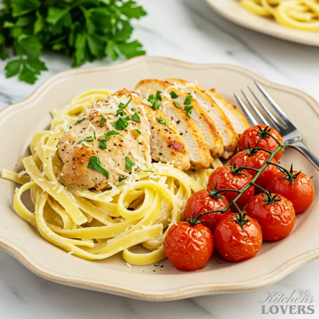 An elegantly plated dish of chicken alfredo with a side of flash-roasted cherry tomatoes on a rustic beige plate.