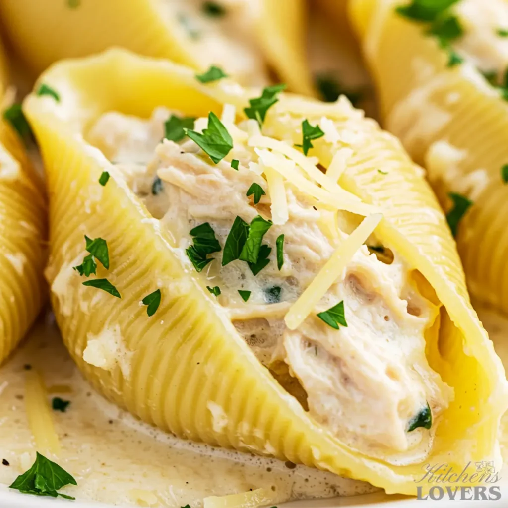 Extreme close-up of a single Chicken Alfredo Stuffed Shell, showing the creamy sauce and cheesy filling.