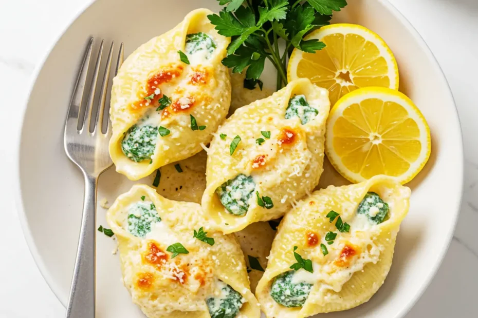 Overhead shot of three cheesy Chicken Alfredo Stuffed Shells in a white bowl, garnished with fresh parsley.