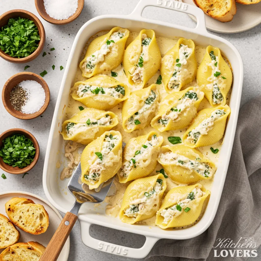 A top-down photo of baked Chicken Alfredo Stuffed Shells in a white baking dish, garnished with fresh herbs.