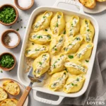 A top-down photo of baked Chicken Alfredo Stuffed Shells in a white baking dish, garnished with fresh herbs.