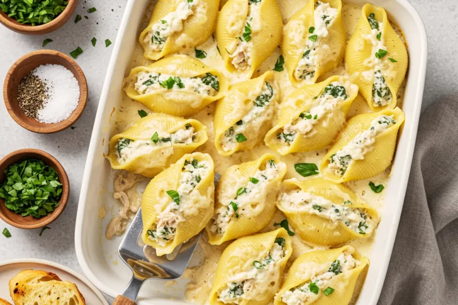 A top-down photo of baked Chicken Alfredo Stuffed Shells in a white baking dish, garnished with fresh herbs.