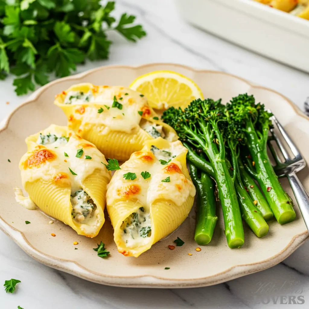 Plated Chicken Alfredo Stuffed Shells served alongside sautéed broccolini with a lemon wedge on a scalloped beige plate.