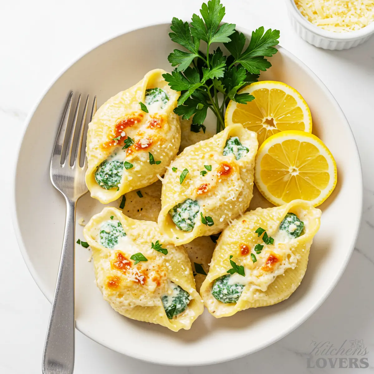 Overhead shot of three cheesy Chicken Alfredo Stuffed Shells in a white bowl, garnished with fresh parsley.