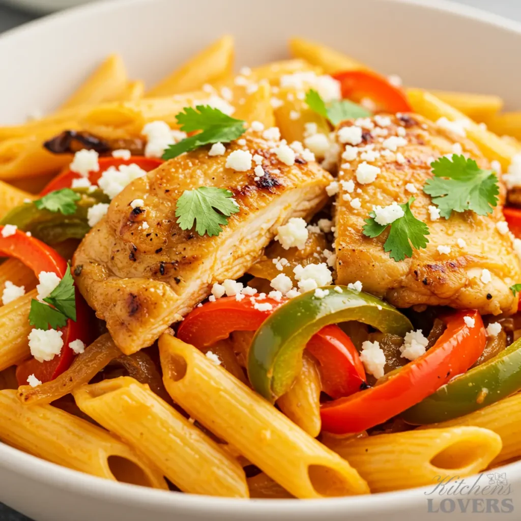 Extreme close-up of Chicken Fajita Pasta, showcasing the texture of the creamy sauce, seared chicken, bell peppers, and a sprinkle of cotija cheese and cilantro.