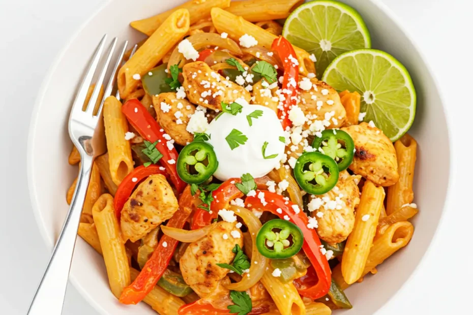 Overhead view of a white bowl filled with creamy chicken fajita pasta, garnished with sour cream, lime wedges, cotija cheese, and fresh jalapeños.