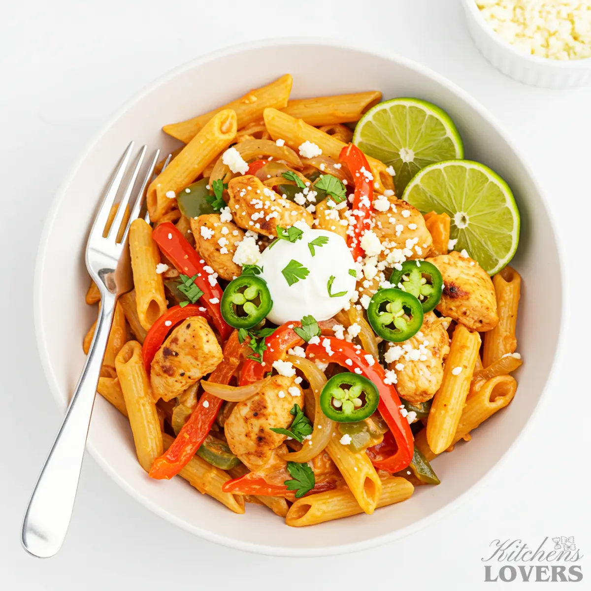 Overhead view of a white bowl filled with creamy chicken fajita pasta, garnished with sour cream, lime wedges, cotija cheese, and fresh jalapeños.