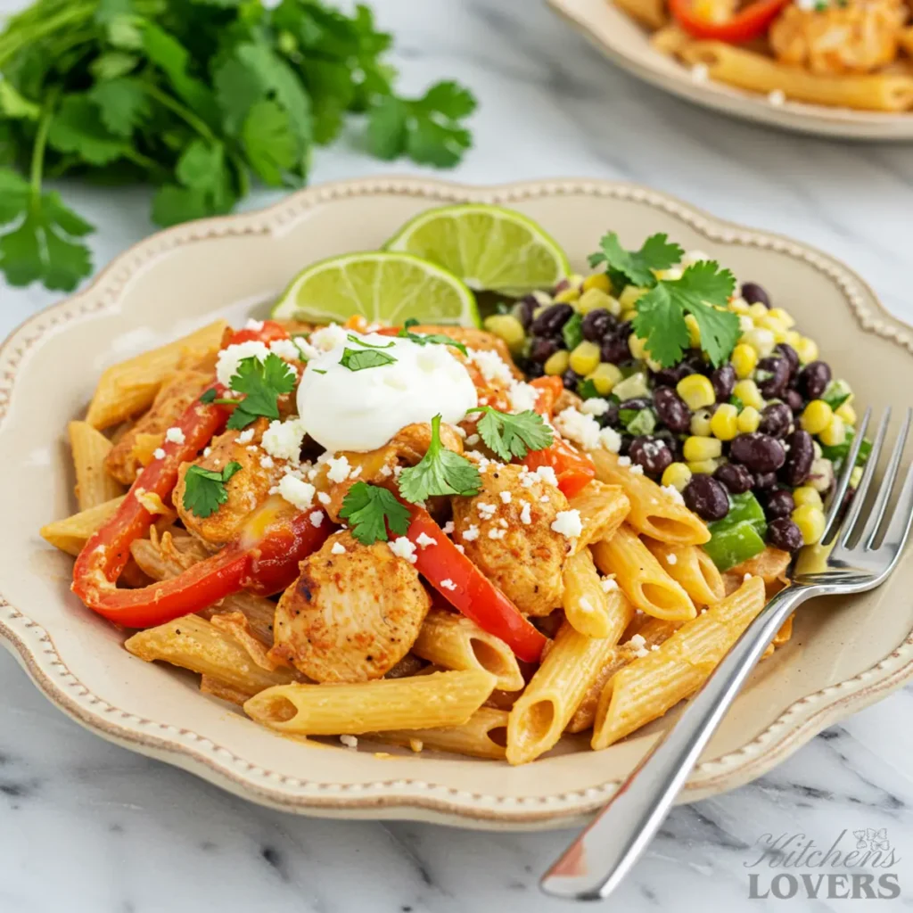 An elegant, high-angle shot of creamy chicken fajita pasta served on a rustic plate alongside a fresh black bean and corn salad.