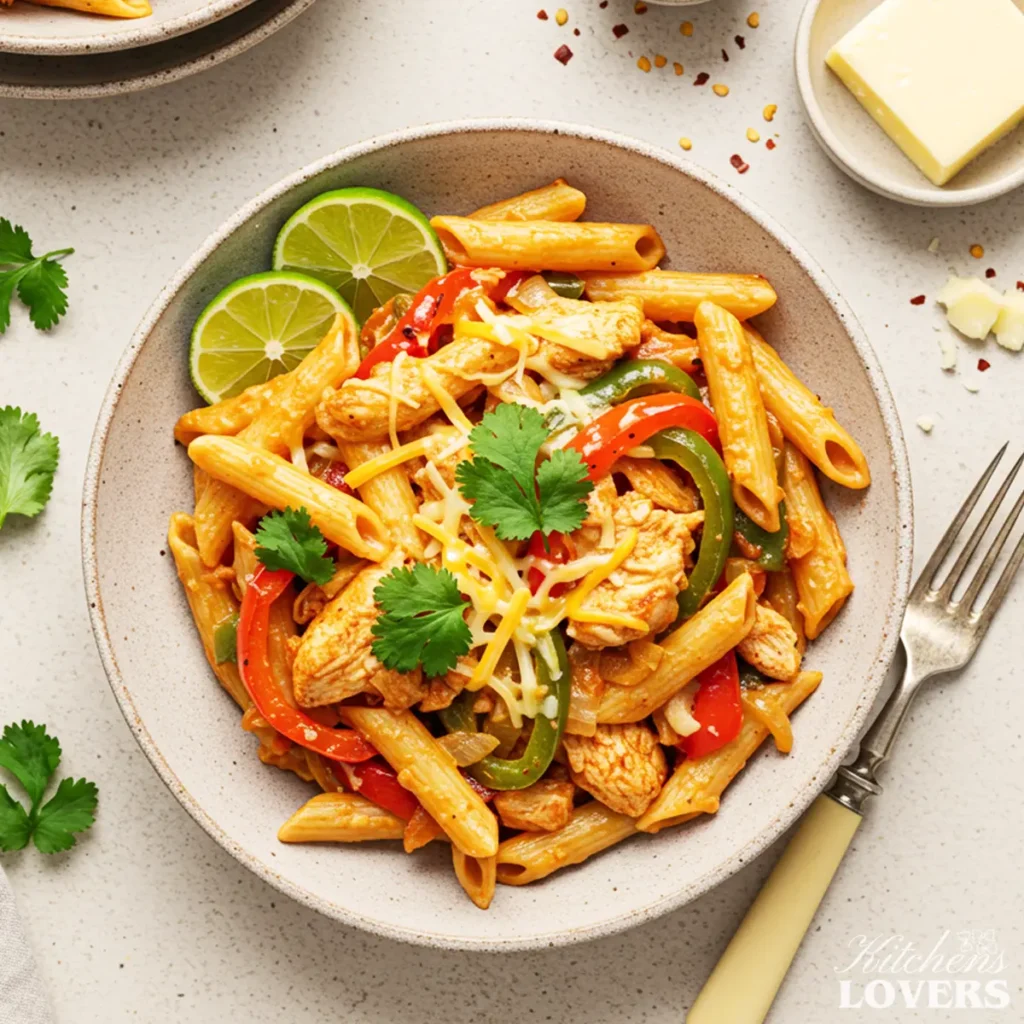 A top-down photo of creamy Chicken Fajita Pasta in a rustic bowl, garnished with fresh cilantro and lime wedges.