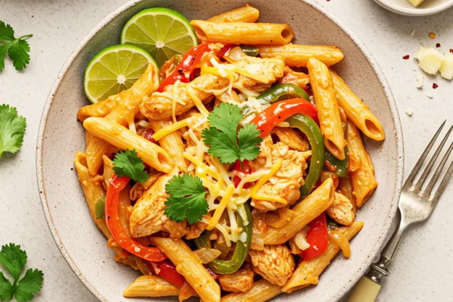 A top-down photo of creamy Chicken Fajita Pasta in a rustic bowl, garnished with fresh cilantro and lime wedges.