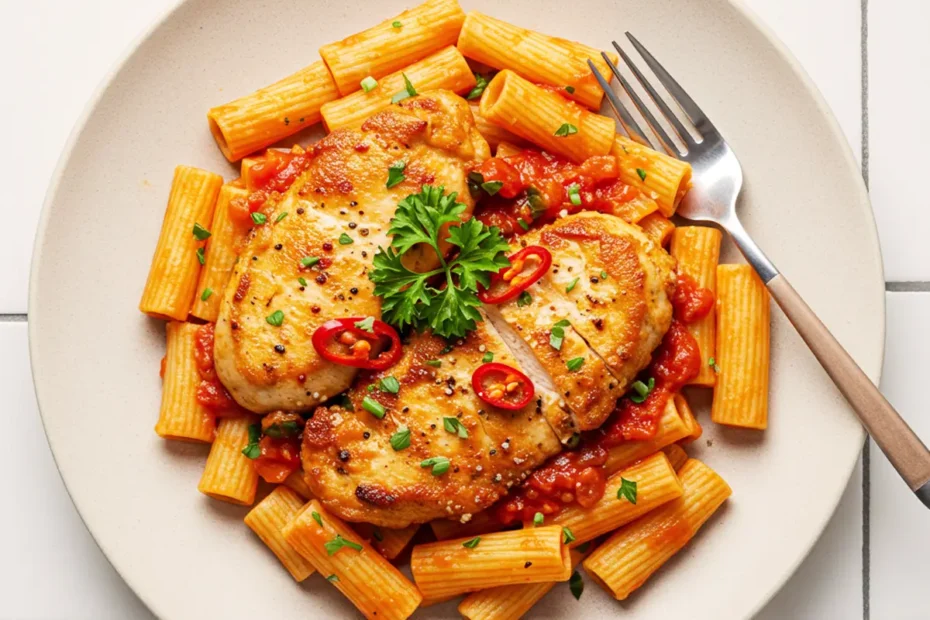 A top-down photo of spicy Chicken Fra Diavolo Pasta with rigatoni, seared chicken, fresh parsley, and chili slices.