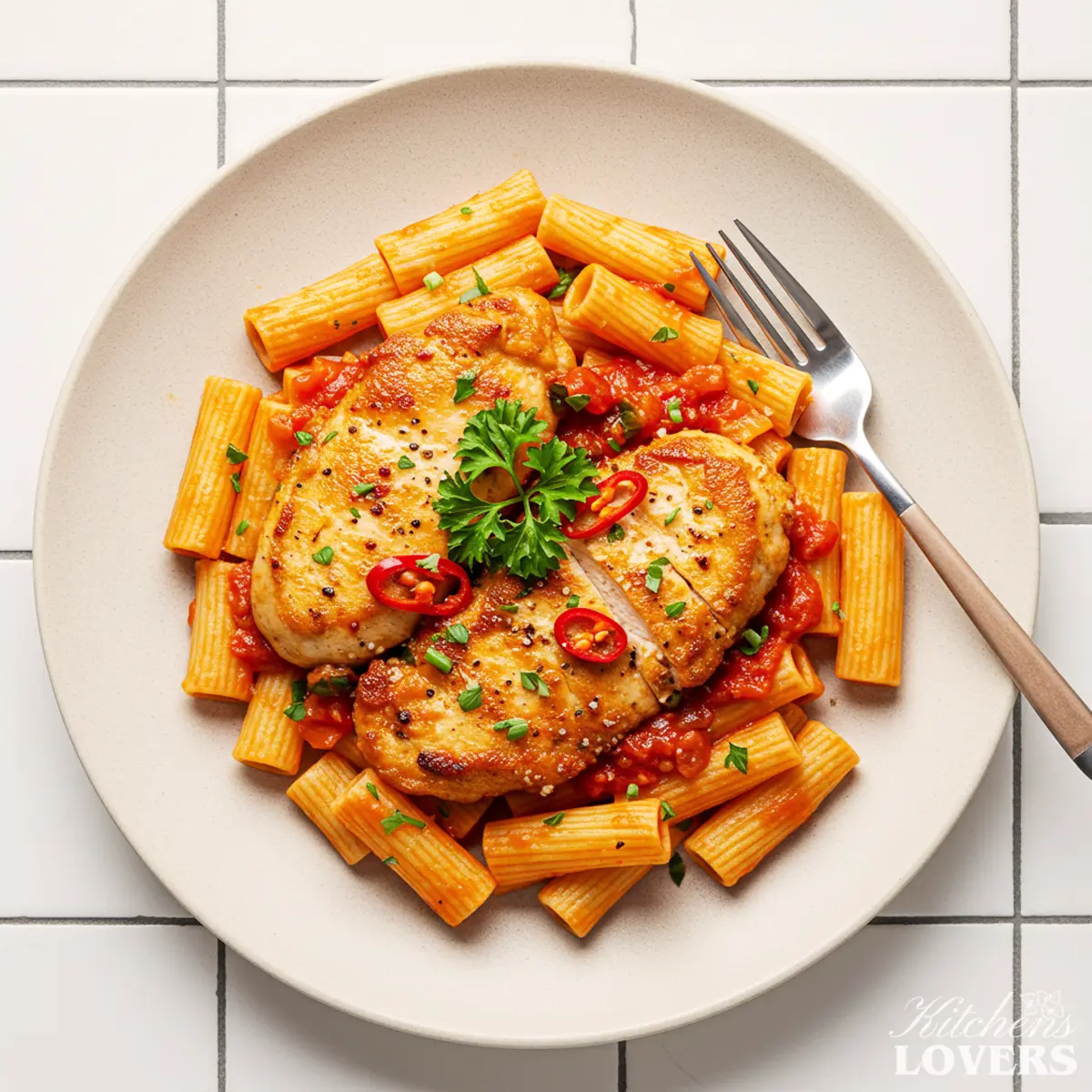 A top-down photo of spicy Chicken Fra Diavolo Pasta with rigatoni, seared chicken, fresh parsley, and chili slices.