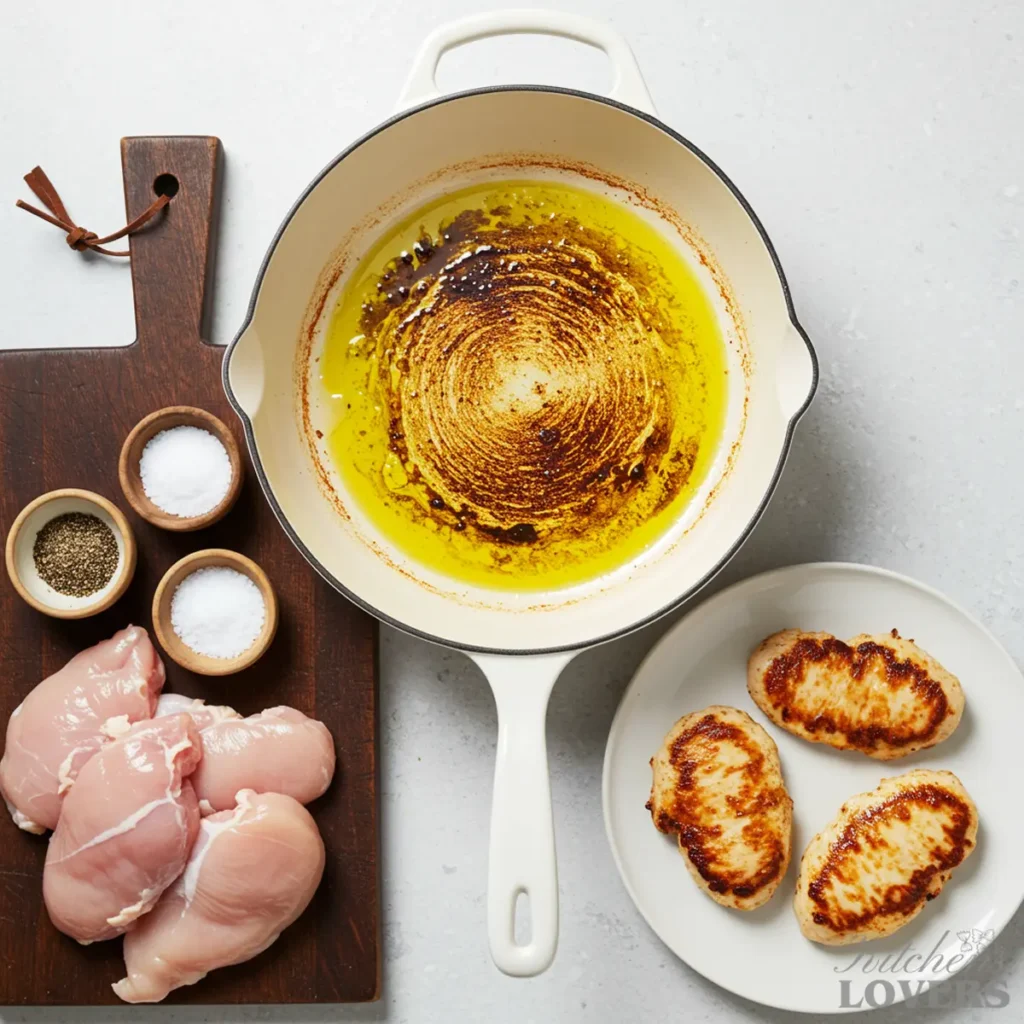 An overhead flat lay showing the chicken searing process: raw chicken on a cutting board, a white Dutch oven with browned bits, and the finished seared chicken on a plate.