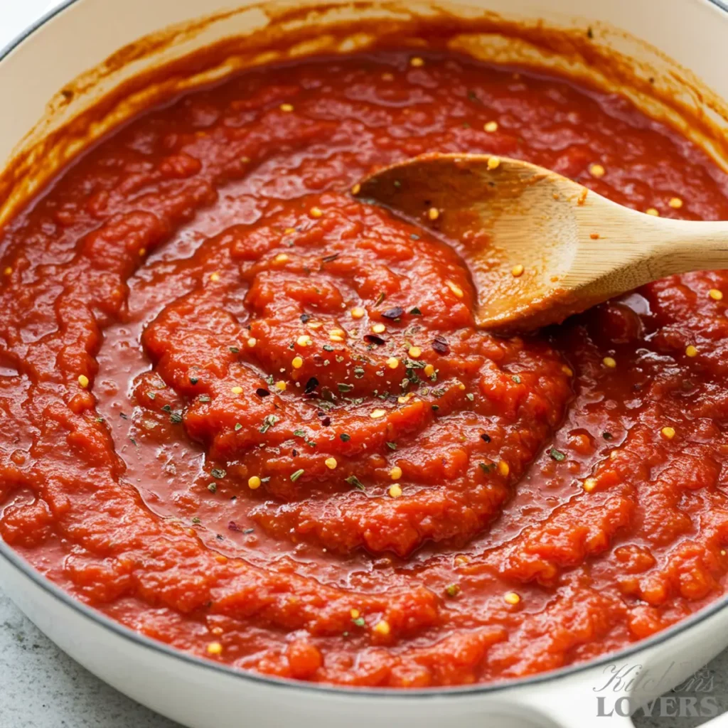 A close-up shot of a rich, thick red Diavolo sauce gently simmering and bubbling in a white Dutch oven, with a wooden spoon resting on the side.