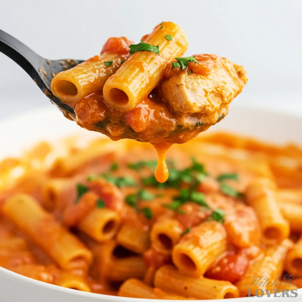 A hero shot of a heaping spoonful of creamy chicken fra diavolo, dripping with rich red tomato-cream sauce.