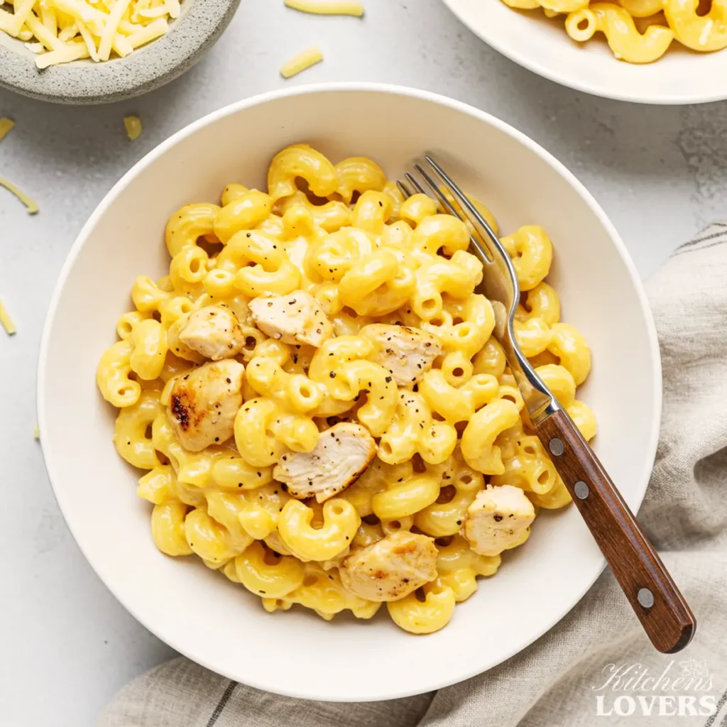 A 90-degree flatlay photo of creamy homemade Chicken Mac and Cheese in a white bowl with shredded cheese.