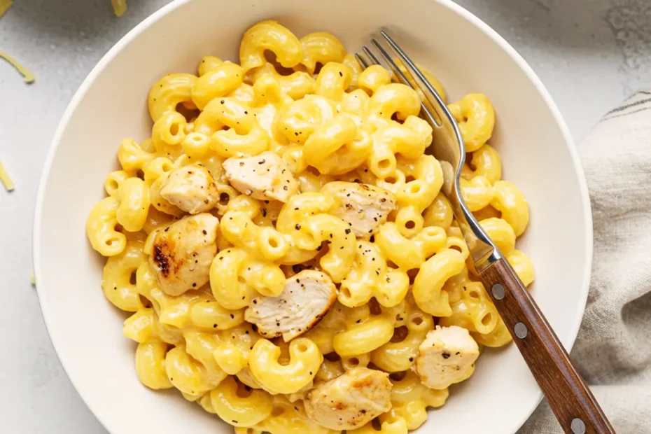 A 90-degree flatlay photo of creamy homemade Chicken Mac and Cheese in a white bowl with shredded cheese.