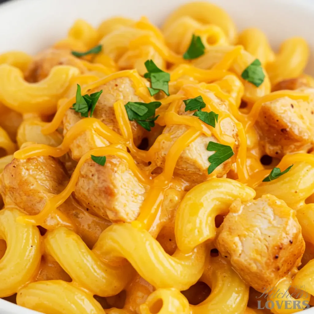 An extreme close-up, frame-filling macro shot of chicken mac and cheese, showcasing the texture of the molten cheese sauce on the pasta.