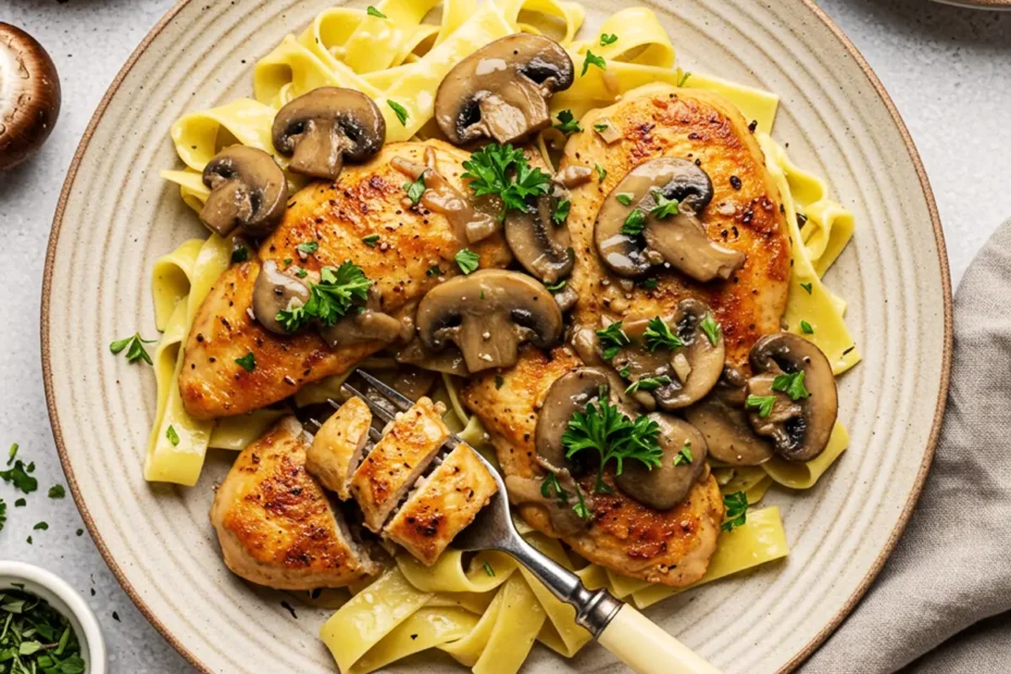 A top-down photo of a generous serving of Chicken Marsala Pasta with mushrooms and fresh parsley.