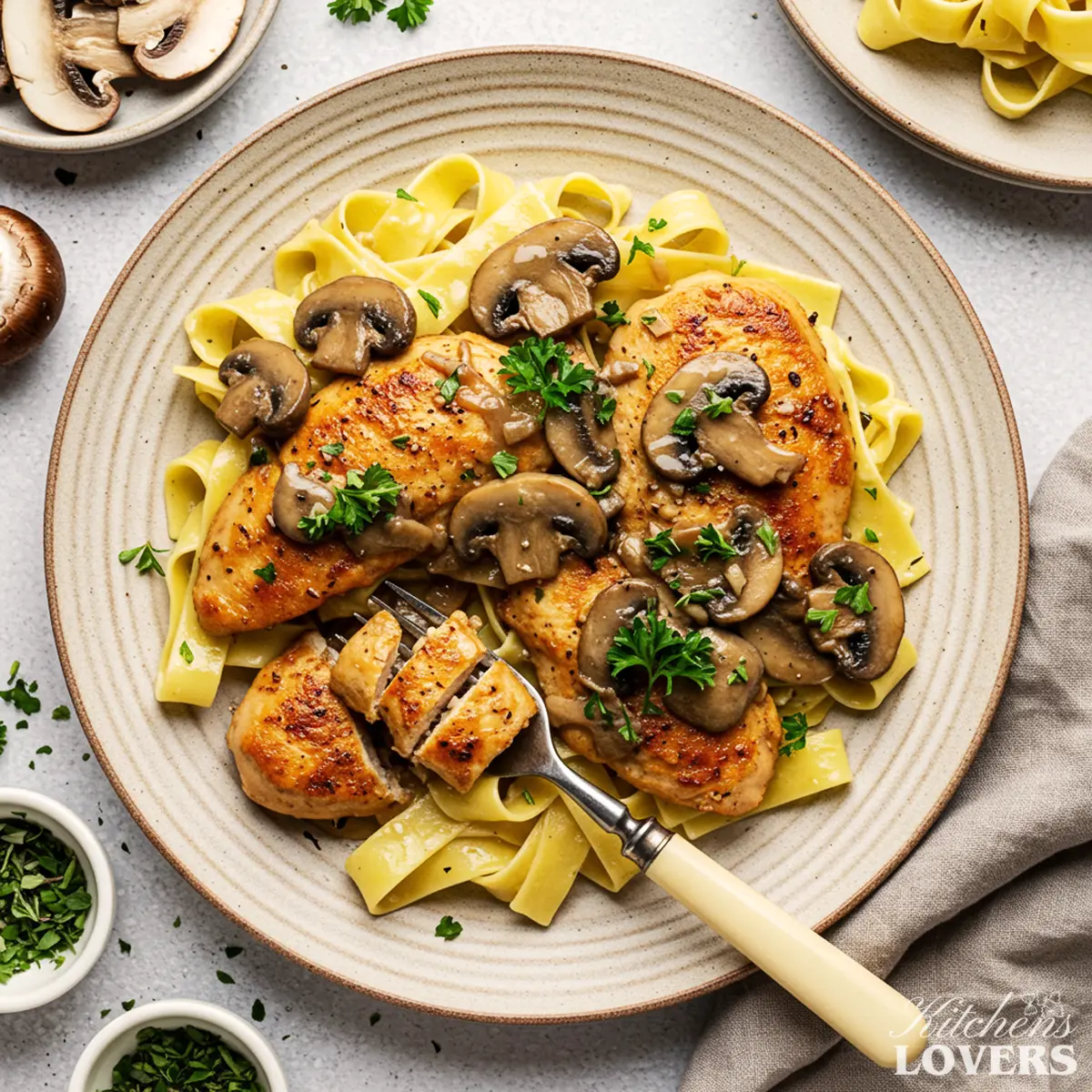 A top-down photo of a generous serving of Chicken Marsala Pasta with mushrooms and fresh parsley.