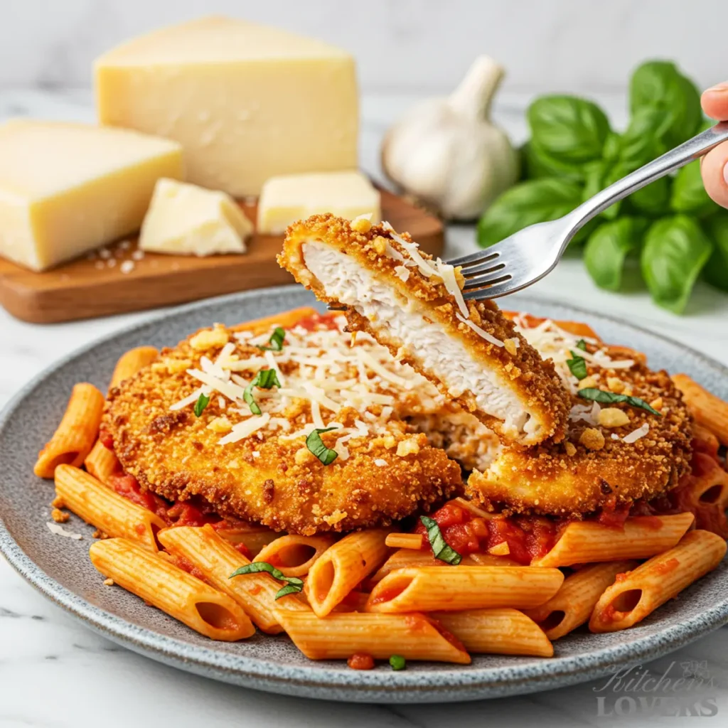 A fork lifting a perfect, realistic bite of crispy panko-crusted chicken and a single penne noodle from a plate.