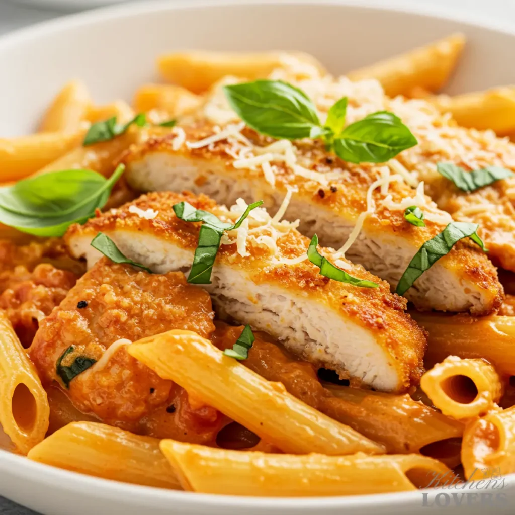 Extreme close-up of Chicken Parmesan Pasta showing the detailed texture of the crispy chicken breading, creamy sauce on rigatoni, and grated Parmesan.