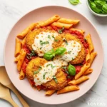 A 90-degree flat lay photo of Chicken Parmesan Pasta with crispy cutlets, rich marinara, melted mozzarella, and fresh basil.