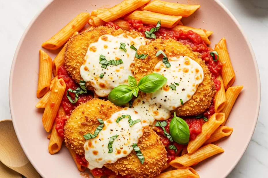 A 90-degree flat lay photo of Chicken Parmesan Pasta with crispy cutlets, rich marinara, melted mozzarella, and fresh basil.