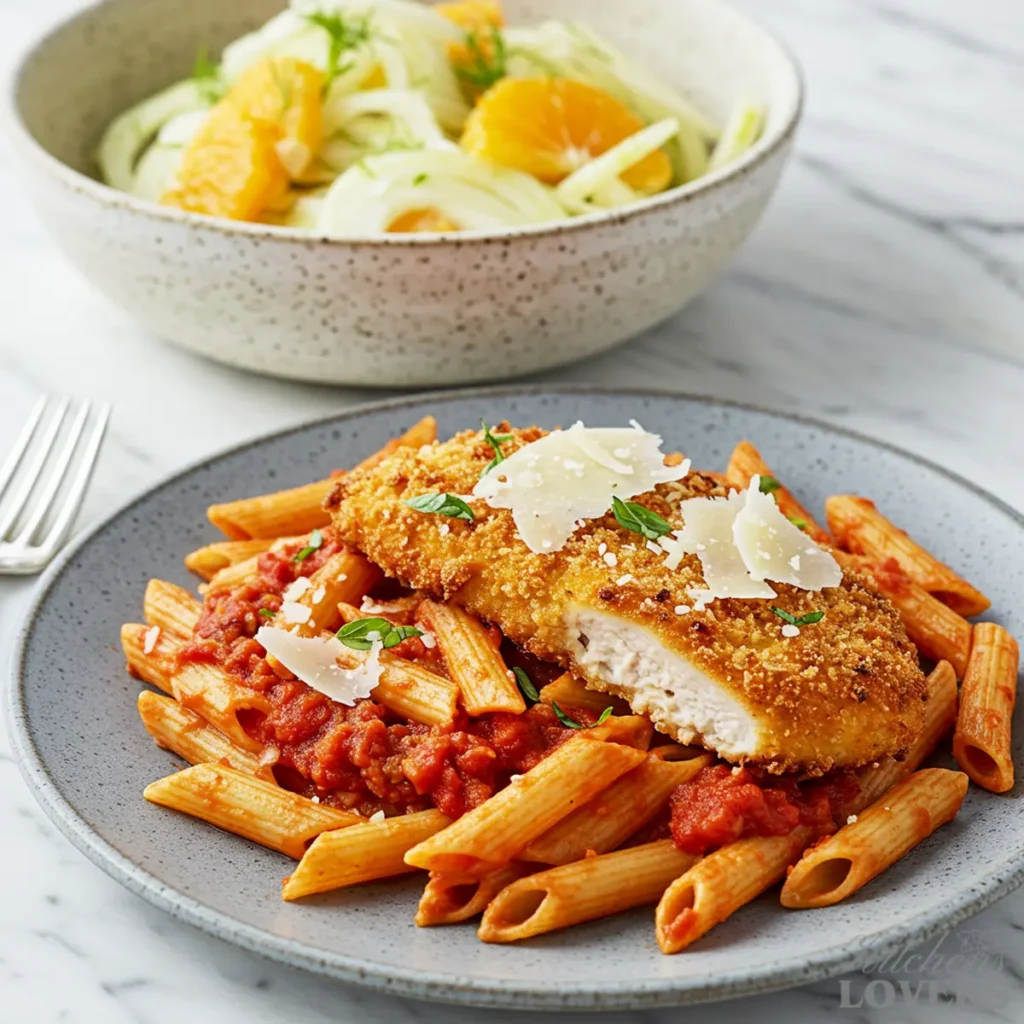 An elegant plate of Chicken Penne Parmesan, with a serving bowl of Shaved Fennel and Orange Salad paired alongside it in the background.