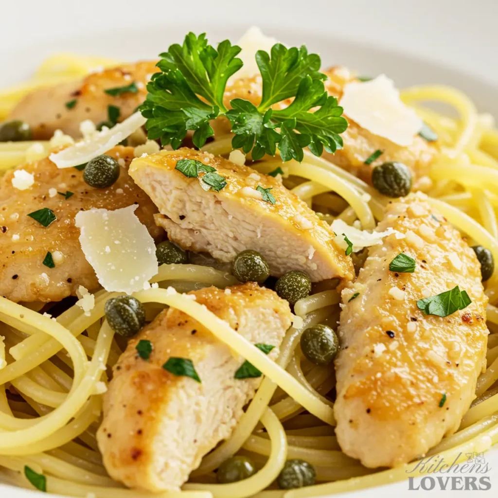 Extreme close-up of chicken piccata pasta showing the detailed texture of the chicken, sauce, and parsley.