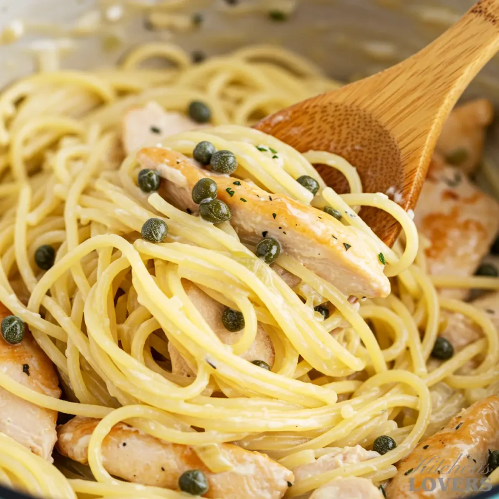 A close-up action shot of chicken piccata pasta being tossed with a wooden spoon in a skillet.