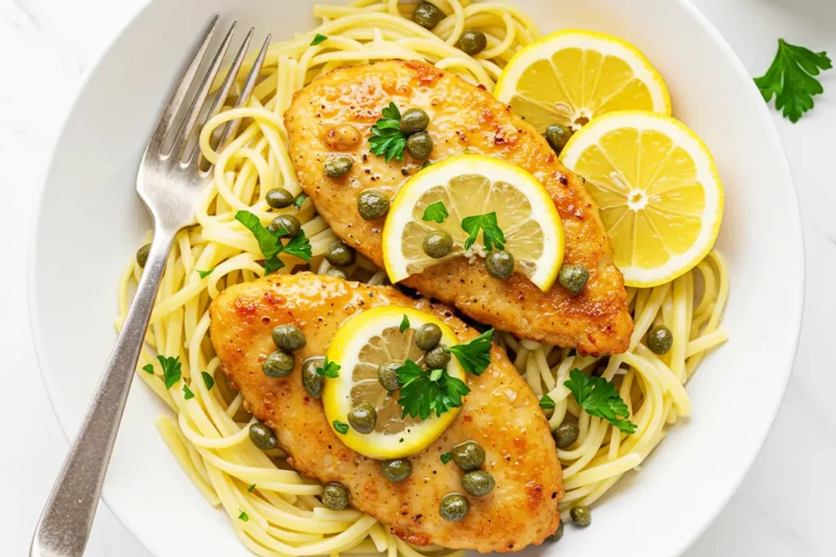 An overhead shot of a white bowl filled with chicken piccata pasta, garnished with lemon wedges, parsley, and capers.