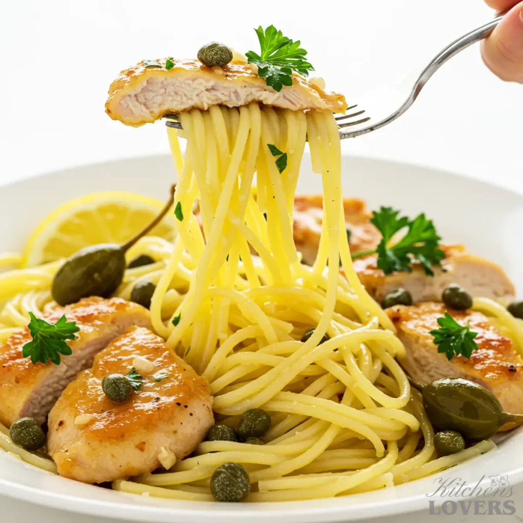 A fork lifting a perfect bite of chicken piccata pasta, showing the chicken and sauce-coated noodles.
