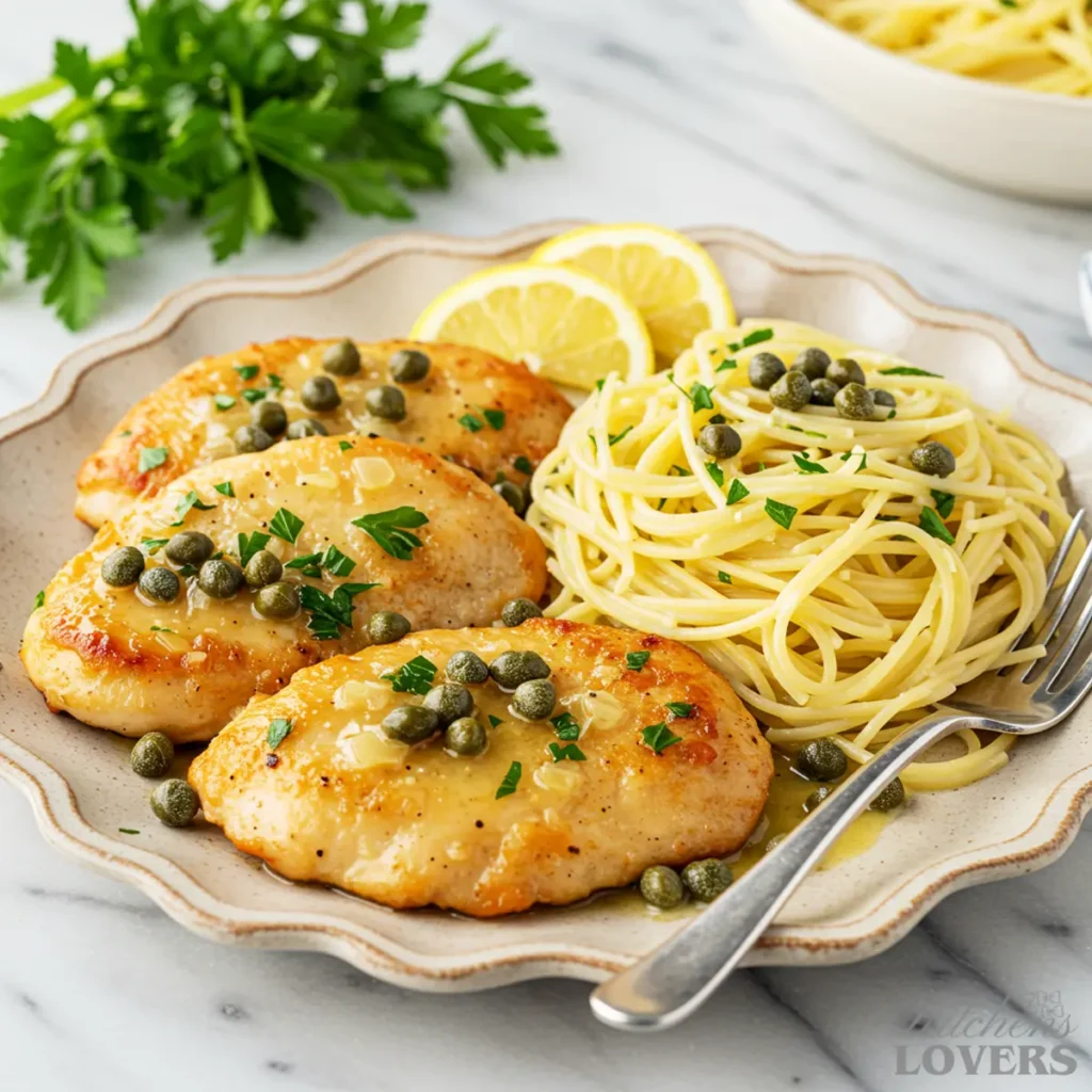 An elegant plating of chicken piccata with a side of angel hair pasta on a rustic ceramic plate, garnished with lemon and parsley.