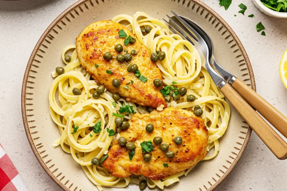A close-up 90-degree flatlay photo of Chicken Piccata Pasta with lemon and fresh parsley.