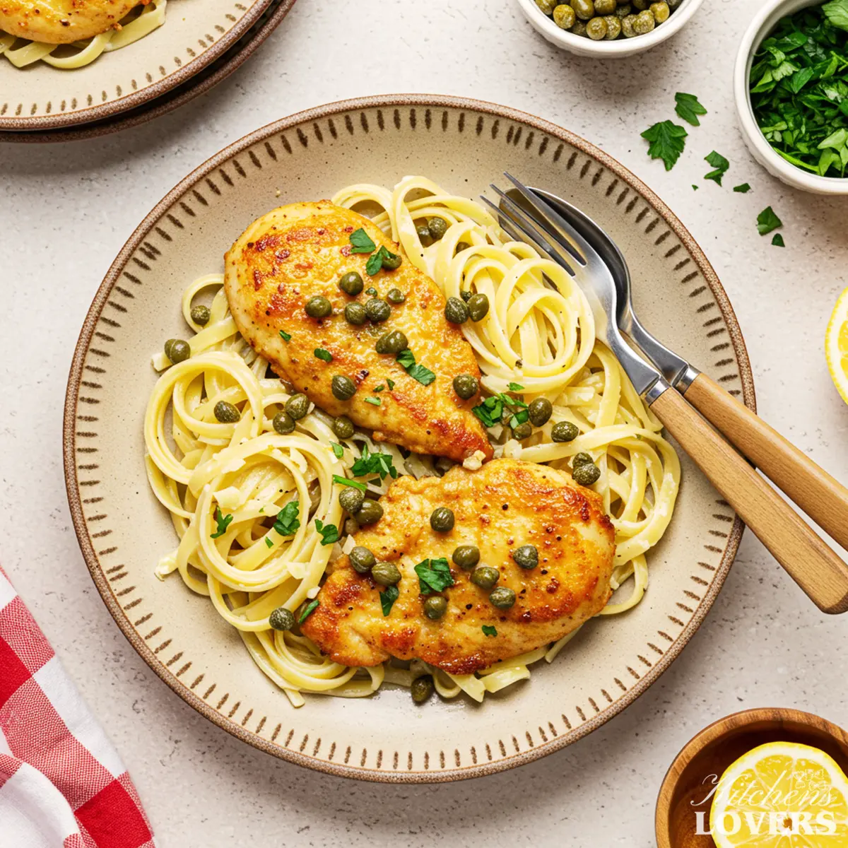A close-up 90-degree flatlay photo of Chicken Piccata Pasta with lemon and fresh parsley.