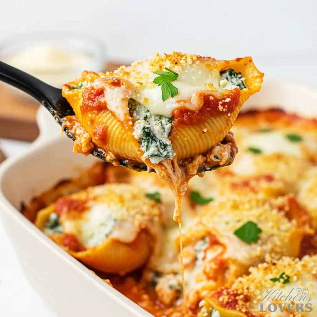 A macro hero shot of a spoonful showing a cross-section of a chicken ricotta stuffed shell, revealing the creamy filling inside, coated in sauce and cheese.