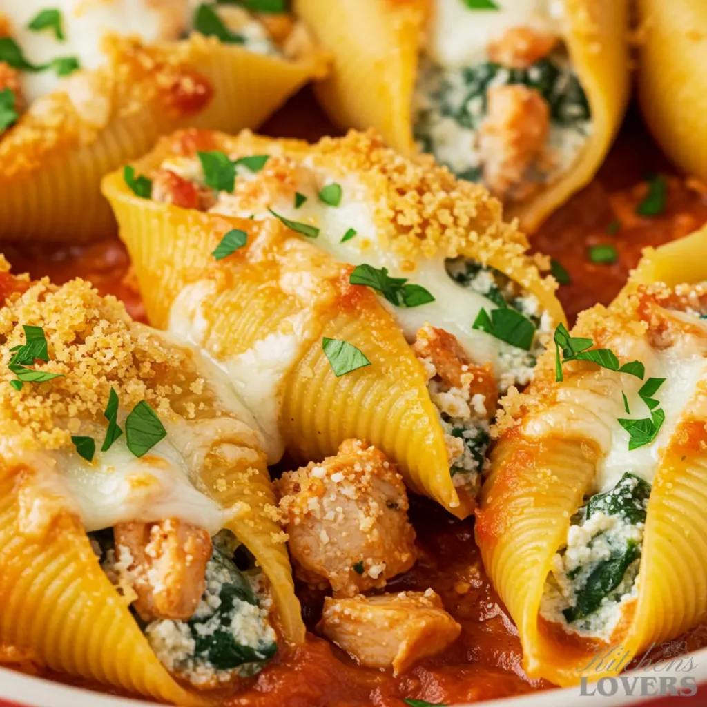 An extreme close-up, macro shot of baked chicken ricotta stuffed shells, focusing on the rich texture of the melted mozzarella cheese, the crunchy panko topping, and the bubbling red sauce.
