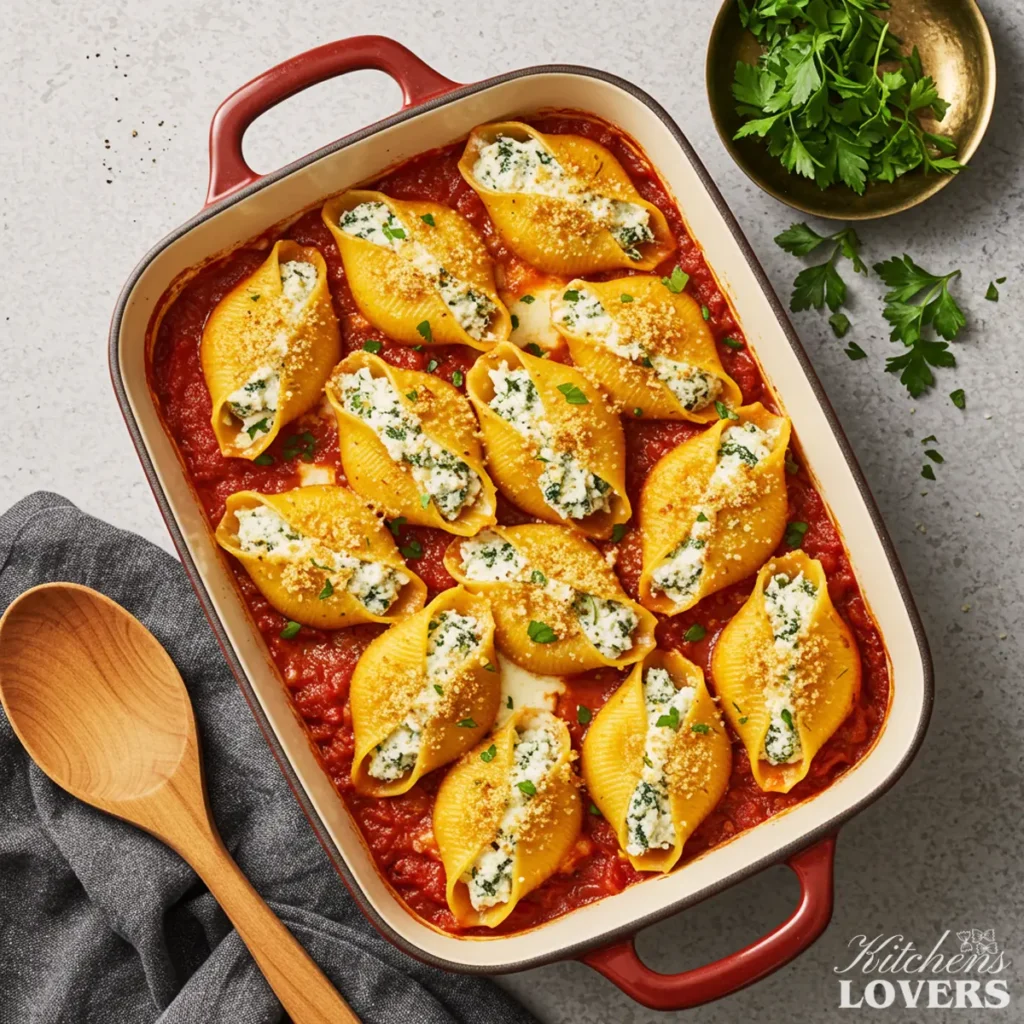A top-down photo of baked chicken ricotta stuffed shells in marinara sauce, topped with melted cheese and parsley.